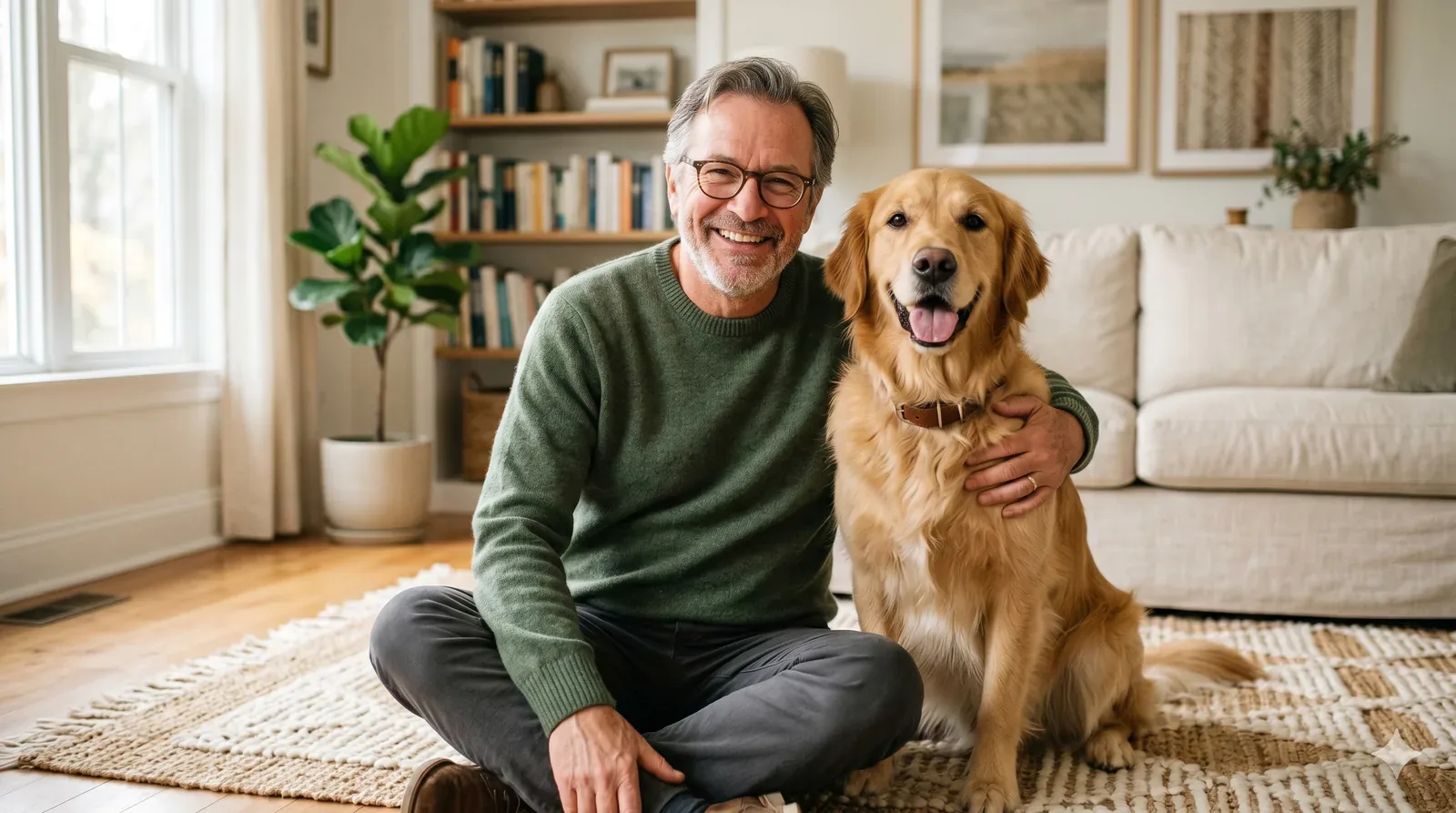 Dog owner with golden retriever at home Smiling dog owner with a golden retriever sitting at home