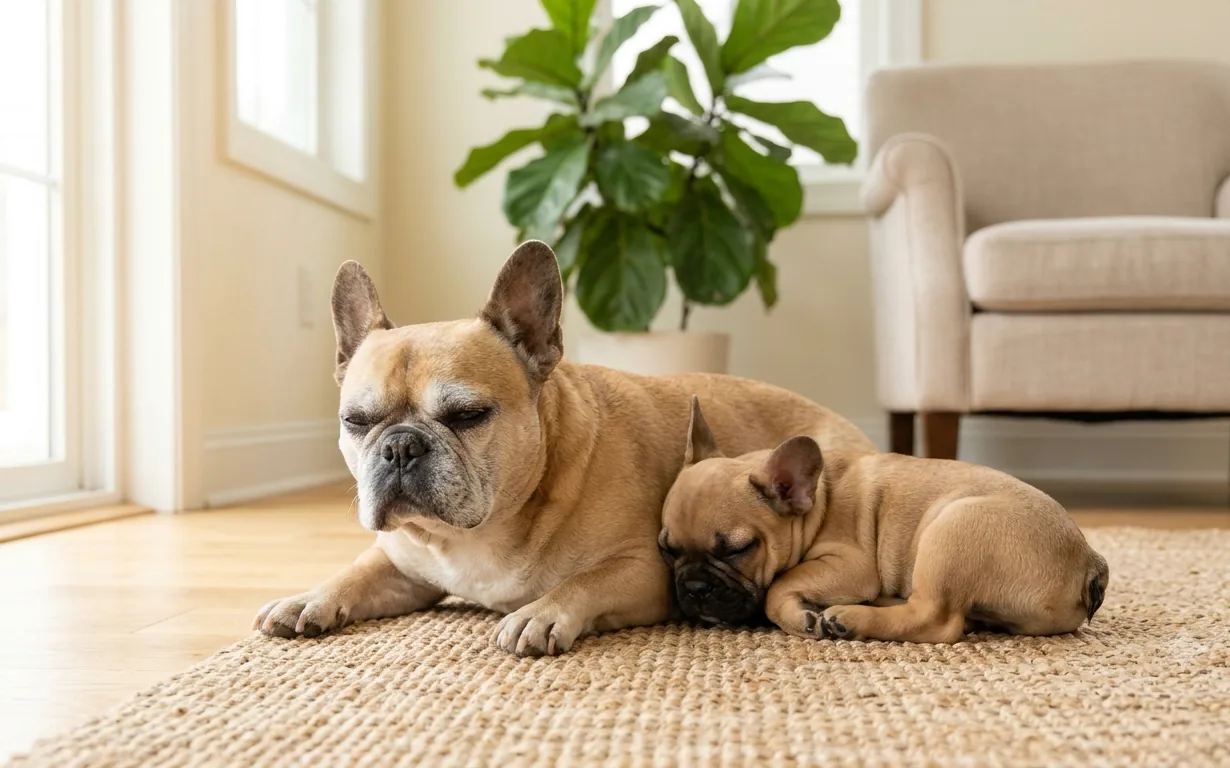 Senior fawn French Bulldog with a graying muzzle resting on a rug beside a French Bulldog puppy