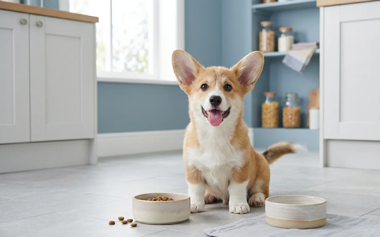 Happy Pembroke Welsh Corgi puppy sitting between two food bowls on a light gray kitchen floor