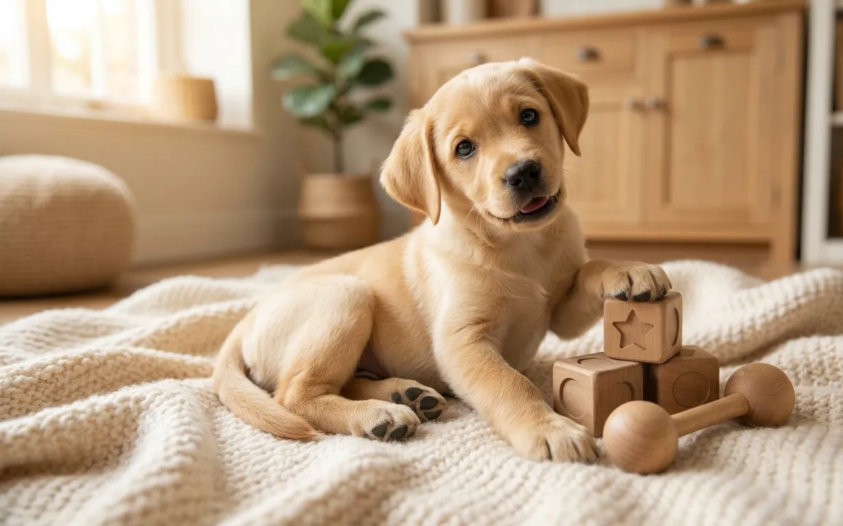 Yellow Labrador puppy sitting on a knit blanket with a paw on wooden baby blocks next to a wooden rattle