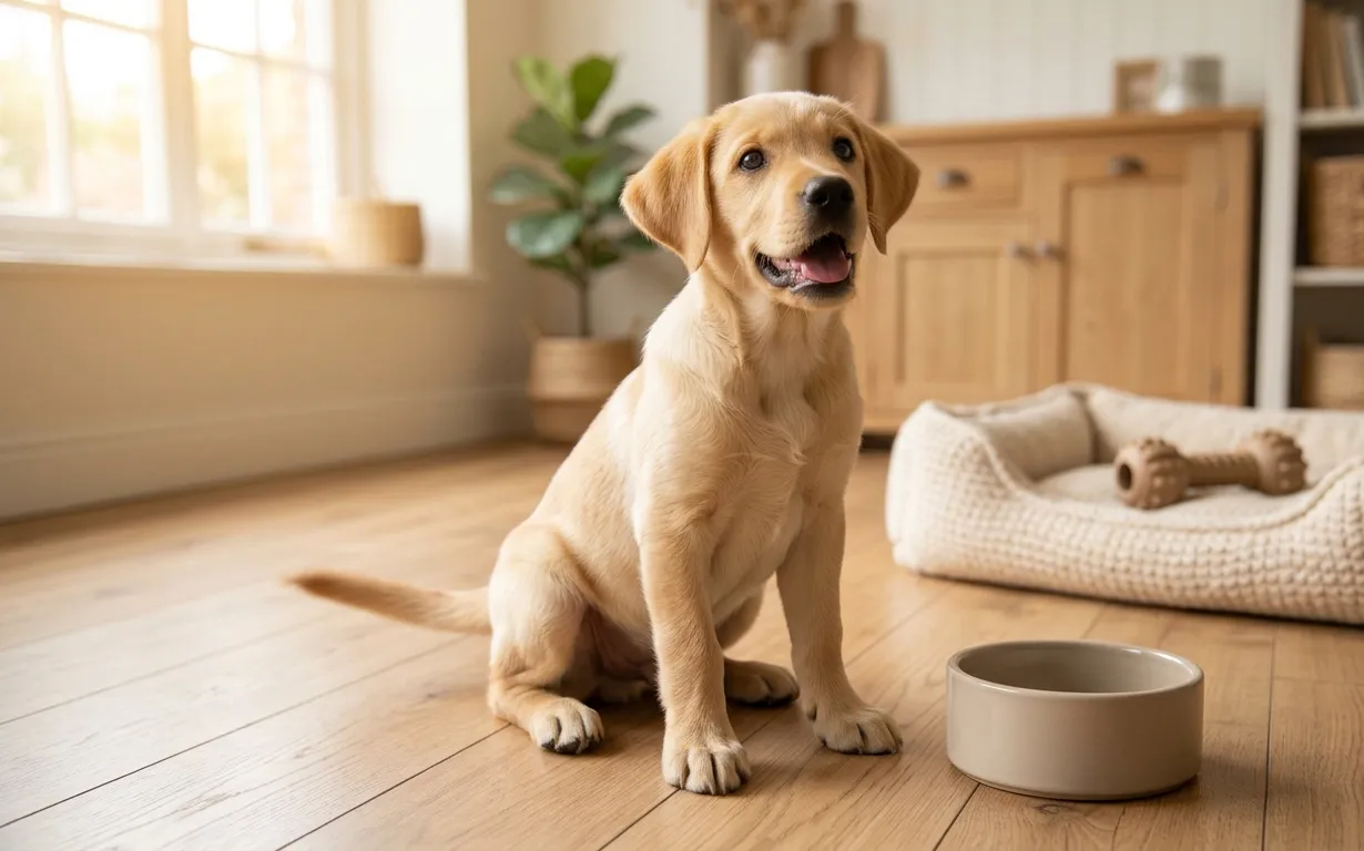 Excited yellow Labrador puppy sitting beside a food bowl on a wooden kitchen floor