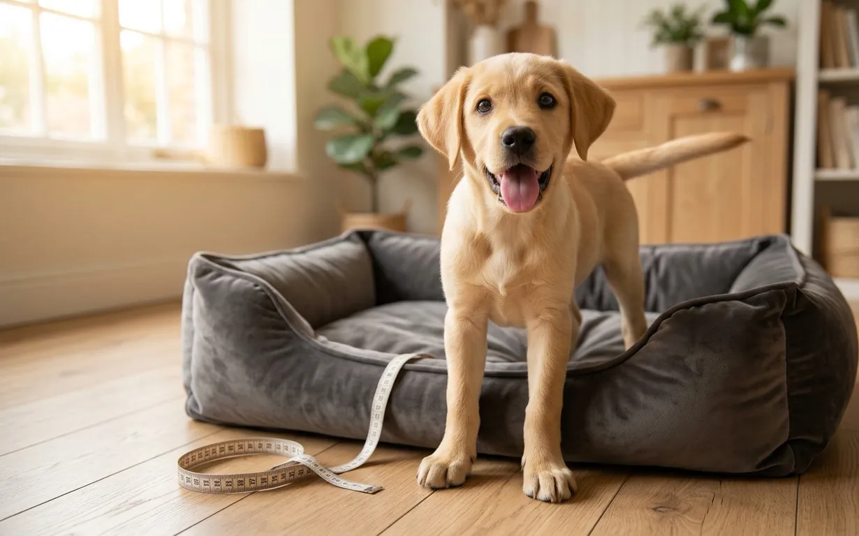 Happy 6-month-old yellow Labrador puppy standing in a large dog bed next to a tape measure