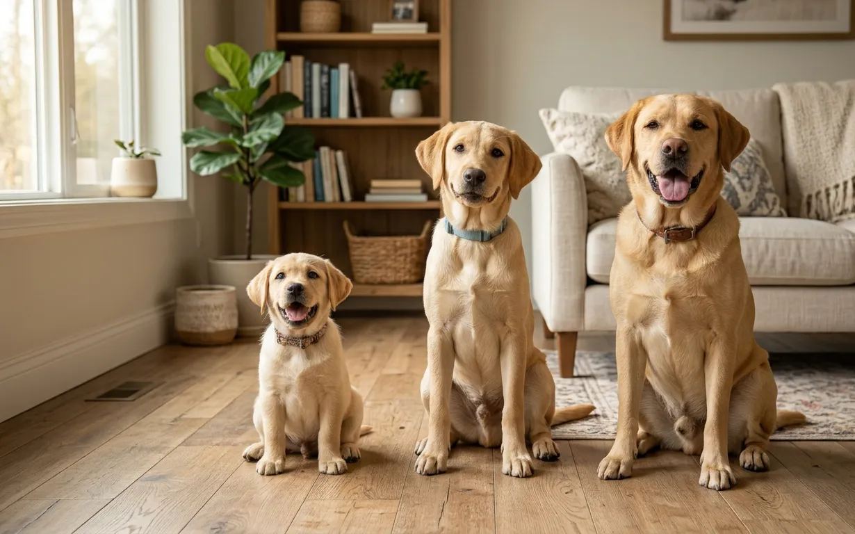 Yellow Labrador puppy, adolescent and adult sitting in a row on a wooden floor in a living room